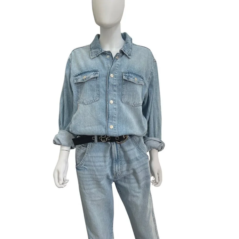 Zara Lightwash Denim Long Sleeve Button Front Jumpsuit NWT Size L